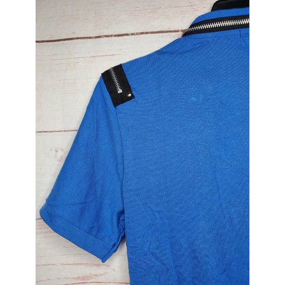 Vento Vassari Blue Zipper Design Slim Fit Zipper Collar Short Sleeve Med Shirt - Picture 9 of 12